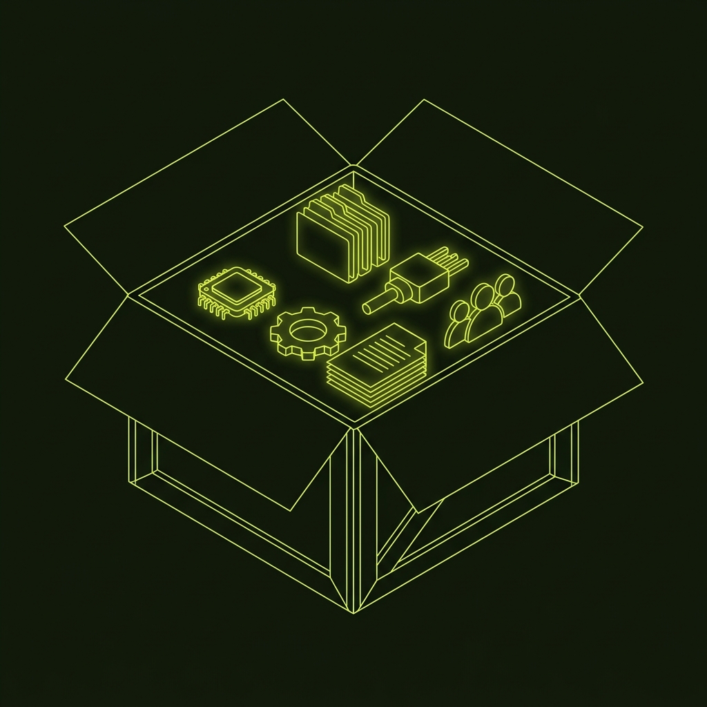 Boîte ouverte contenant les composants livrés : agents, connecteurs, mémoire, documentation