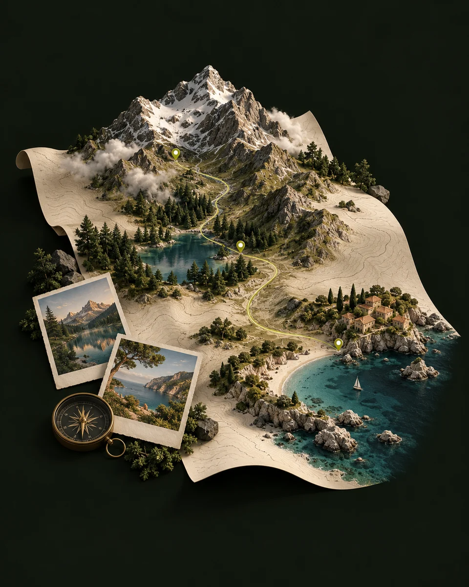 Illustration du voyage sur mesure : carte en relief, montagnes, littoral et itinéraire