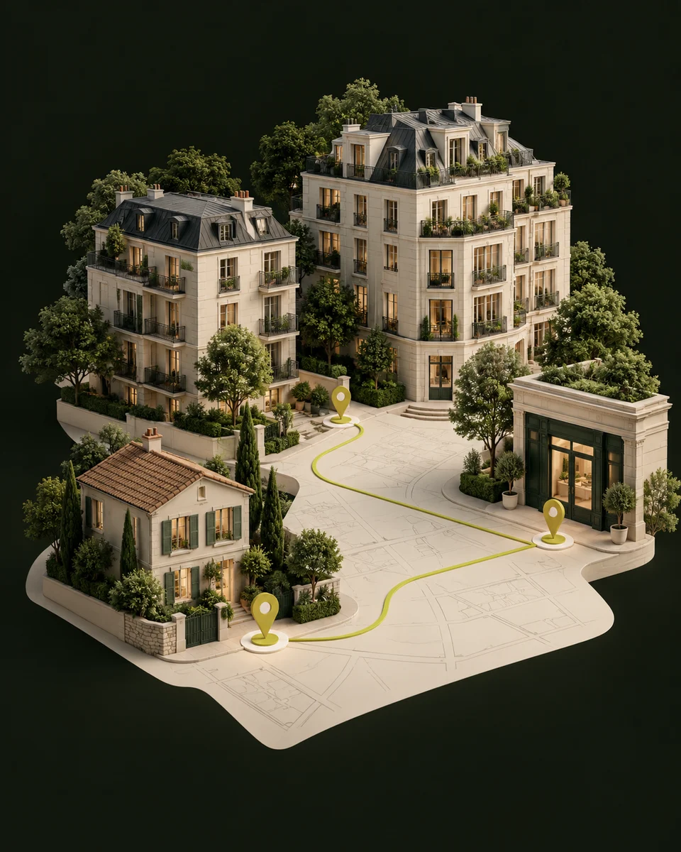 Illustration conceptuelle de l’immobilier : logements, agence et parcours de recherche sur un plan