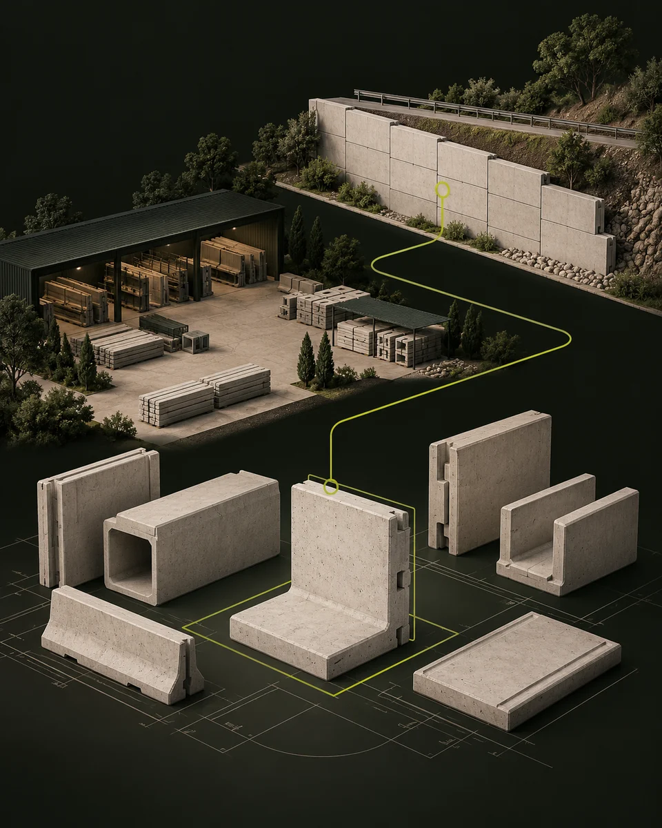 Illustration conceptuelle d’un fabricant : éléments béton, atelier et applications reliés par un parcours
