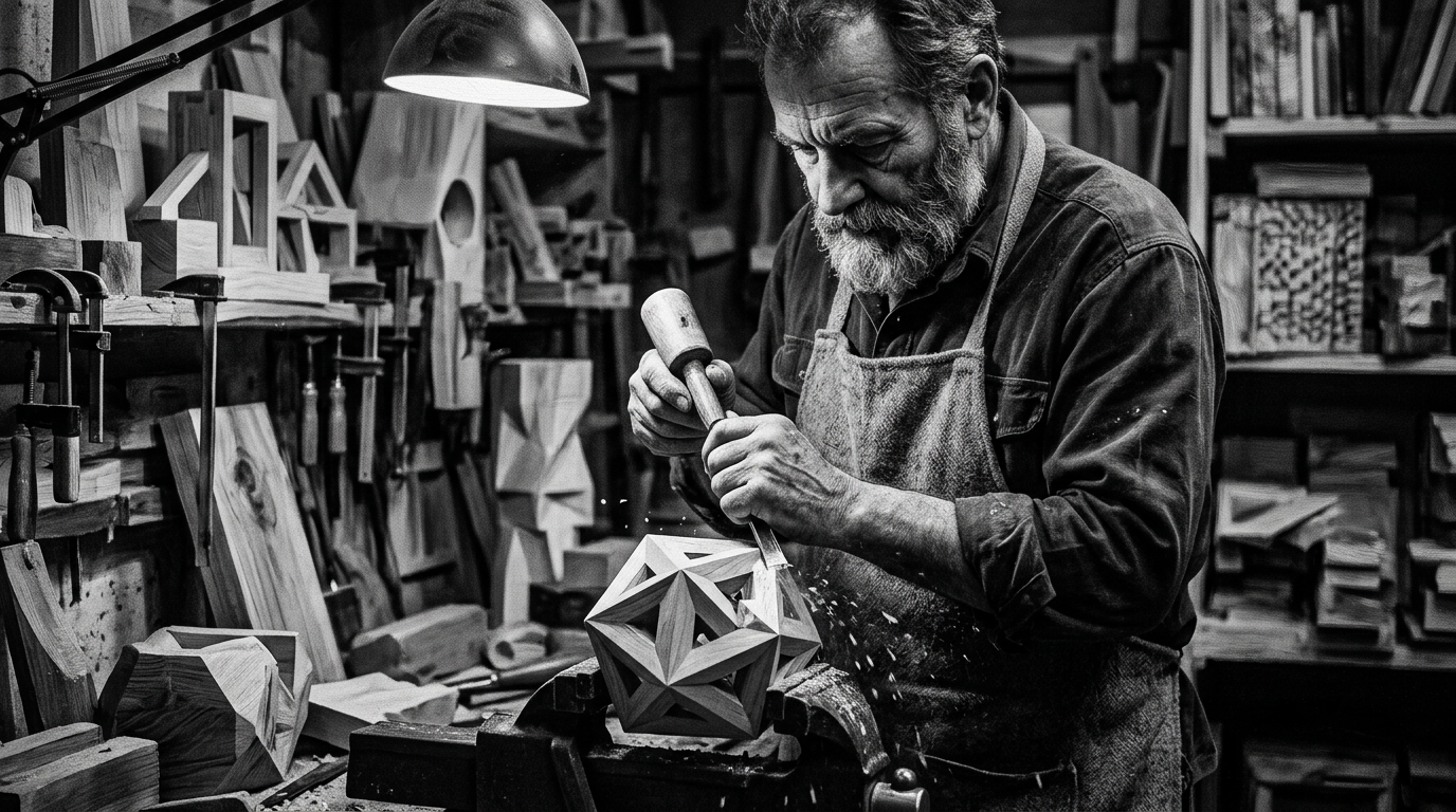 Illustration : Un artisan sculpteur façonnant une structure complexe en noir et blanc