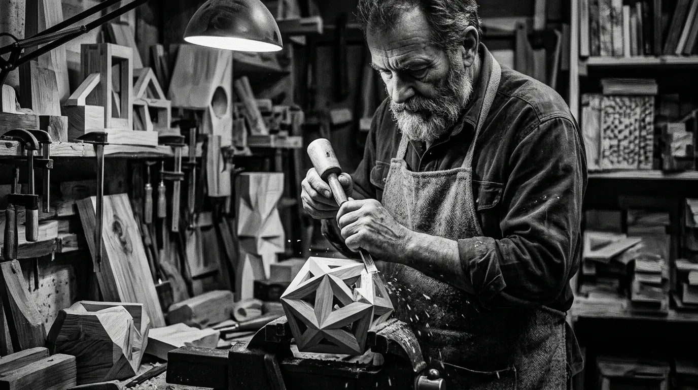 Illustration : Un artisan sculpteur façonnant une structure complexe en noir et blanc